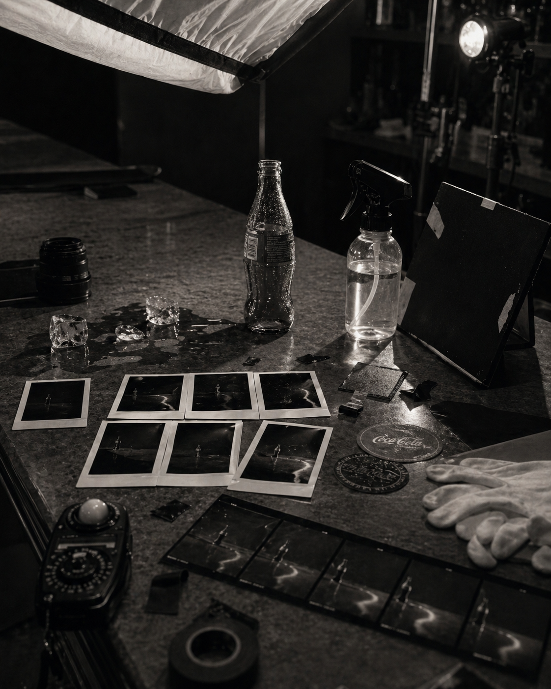 Reference polaroids spread on a granite surface beside a spritz bottle and gloves